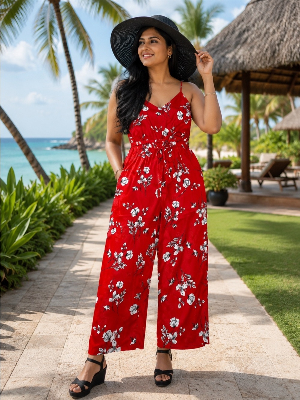 Skies Are Blue Red Floral Danica Jumpsuit, Size Medium